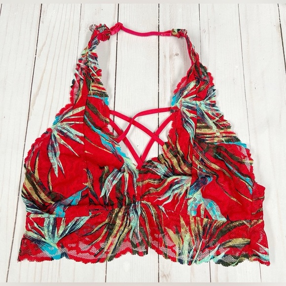 Victoria’s Secret PINK S Halter Neck Red Tropical Print Strappy Lace Bralette - Picture 3 of 10